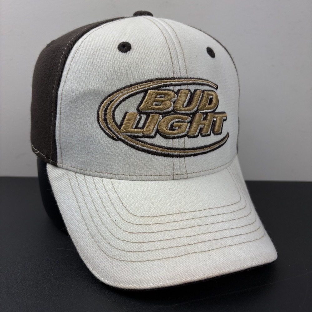 Vintage Y2K Bud Light Hat Two Tone Cream Brown Oval Logo One Fit Stretch Cap